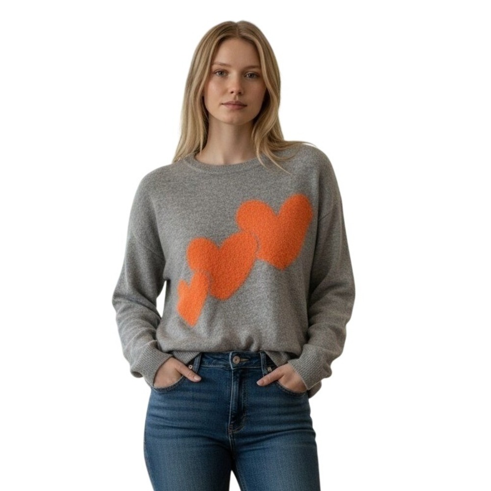 Cashmere Blend Heart Sweater Fuzzy Orange‎ Hearts Knit Pullover L Made in Italy
